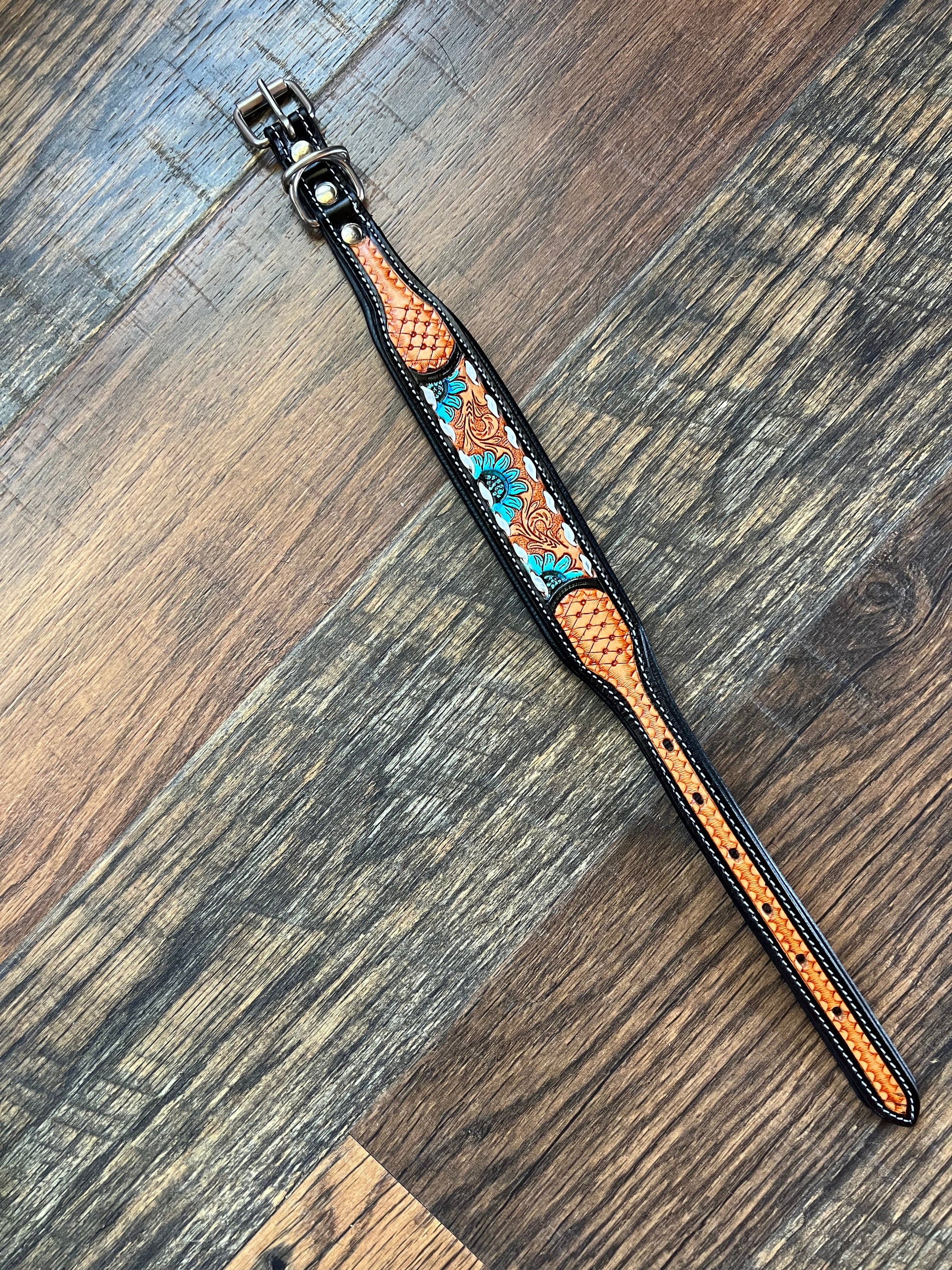 Handcrafted Padded Leather Tooled Dog Collar Blue Sunflower