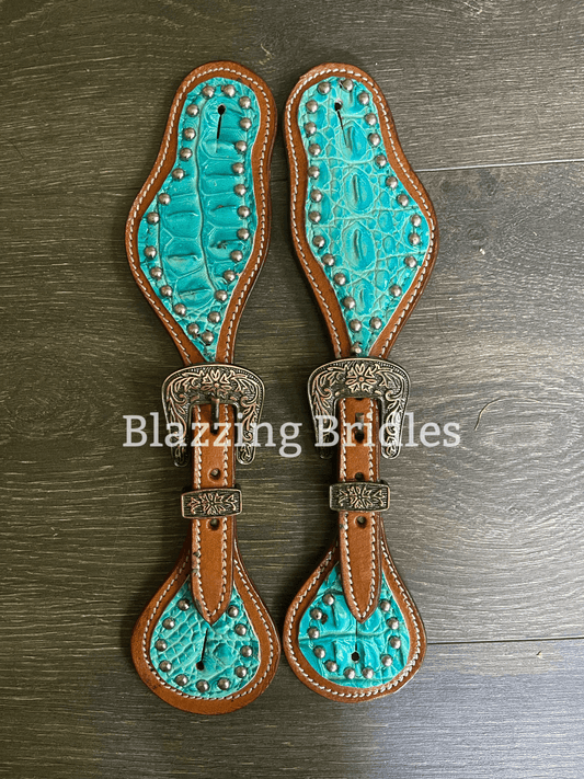 Brown leather with Teal Spur Straps - Blazzing Bridles
