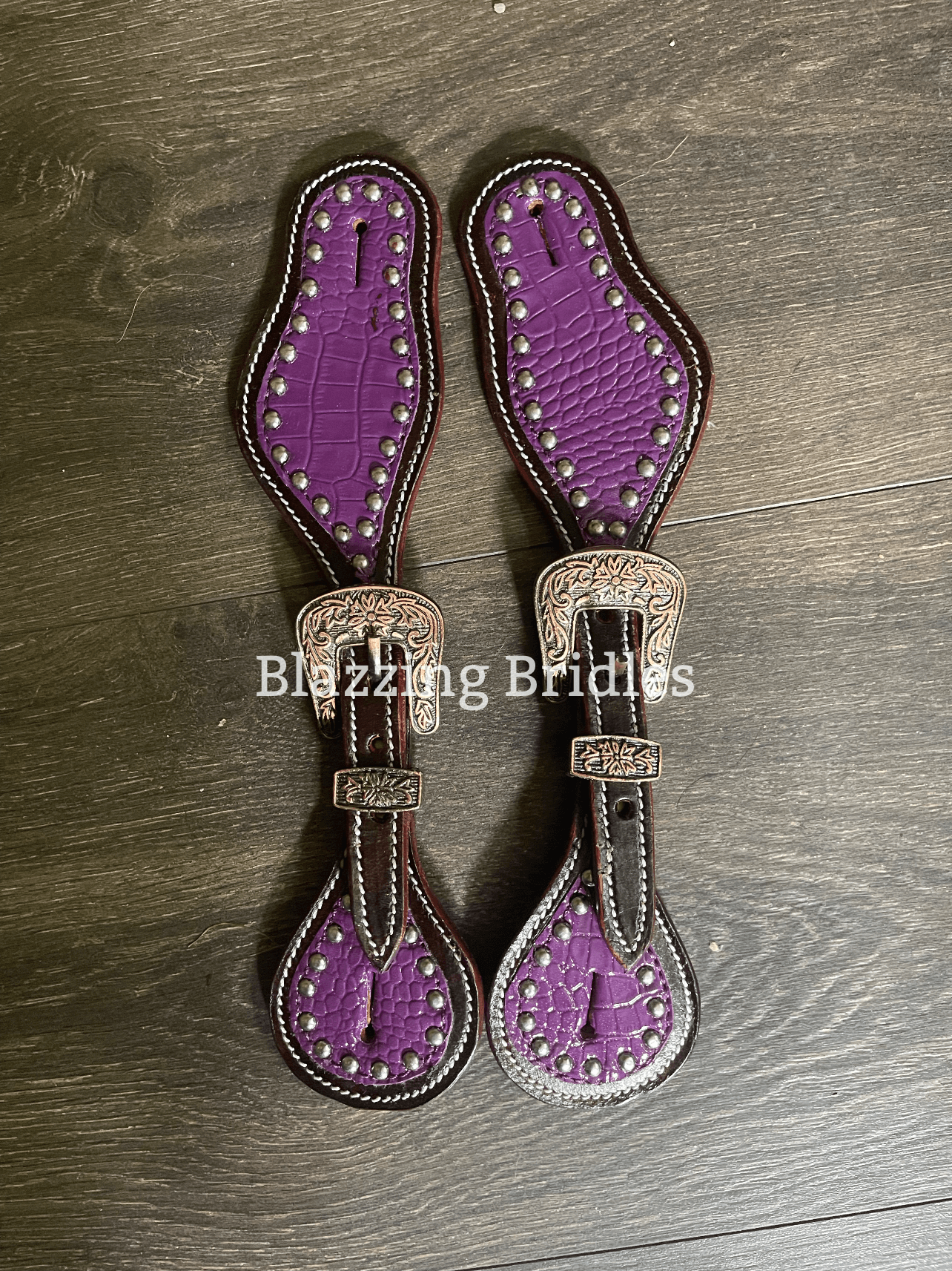 Dark Brown with purple Spur Straps - Blazzing Bridles