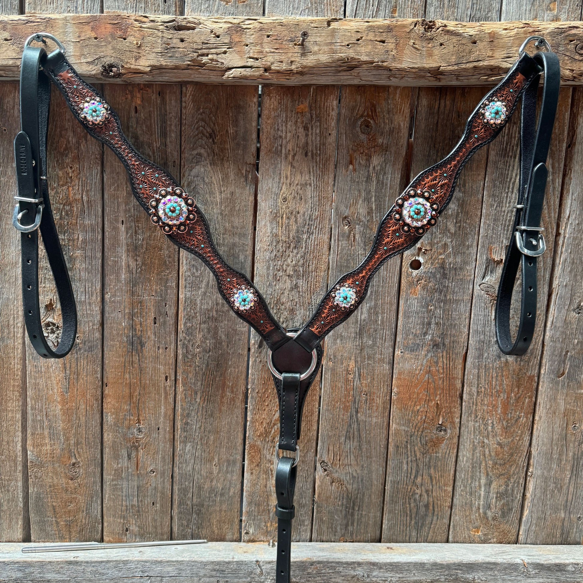 Teal Diamond Topaz and Turquoise Browband / One Ear - Breastcollar Tack Set #BBBC650