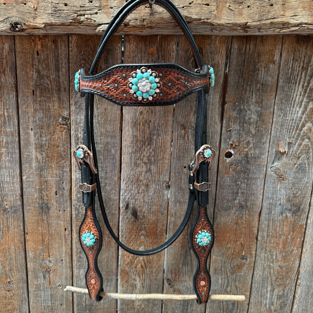 Teal Diamond Turquoise and Clear Browband / One Ear - Breastcollar Tack Set #BBBC644