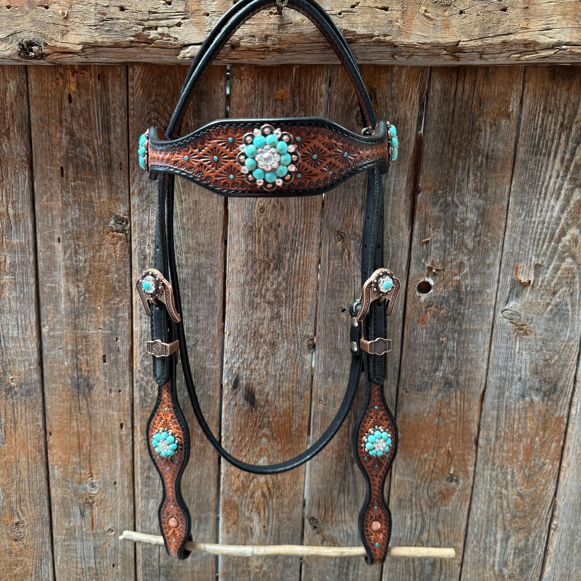 Teal Diamond Turquoise and Clear Browband / One Ear - Breastcollar Tack Set #BBBC644