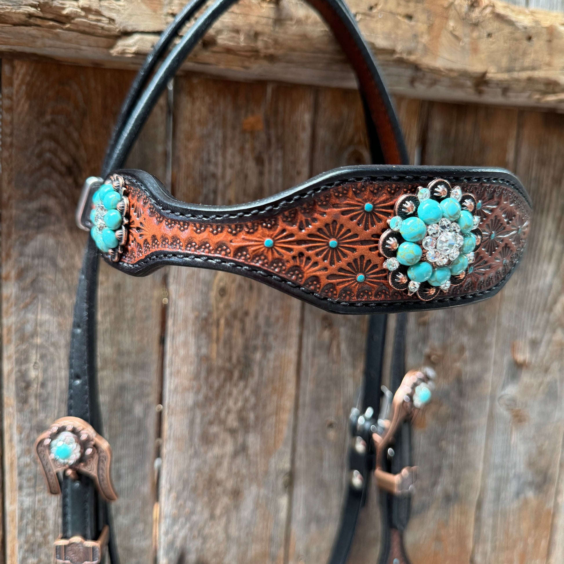 Teal Diamond Turquoise and Clear Browband / One Ear - Breastcollar Tack Set #BBBC644