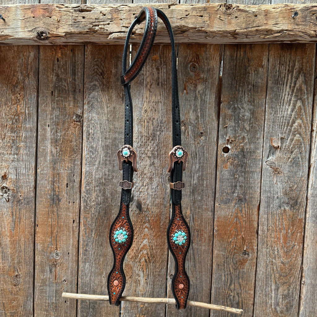 Teal Diamond Turquoise and Clear Browband / One Ear - Breastcollar Tack Set #BBBC644