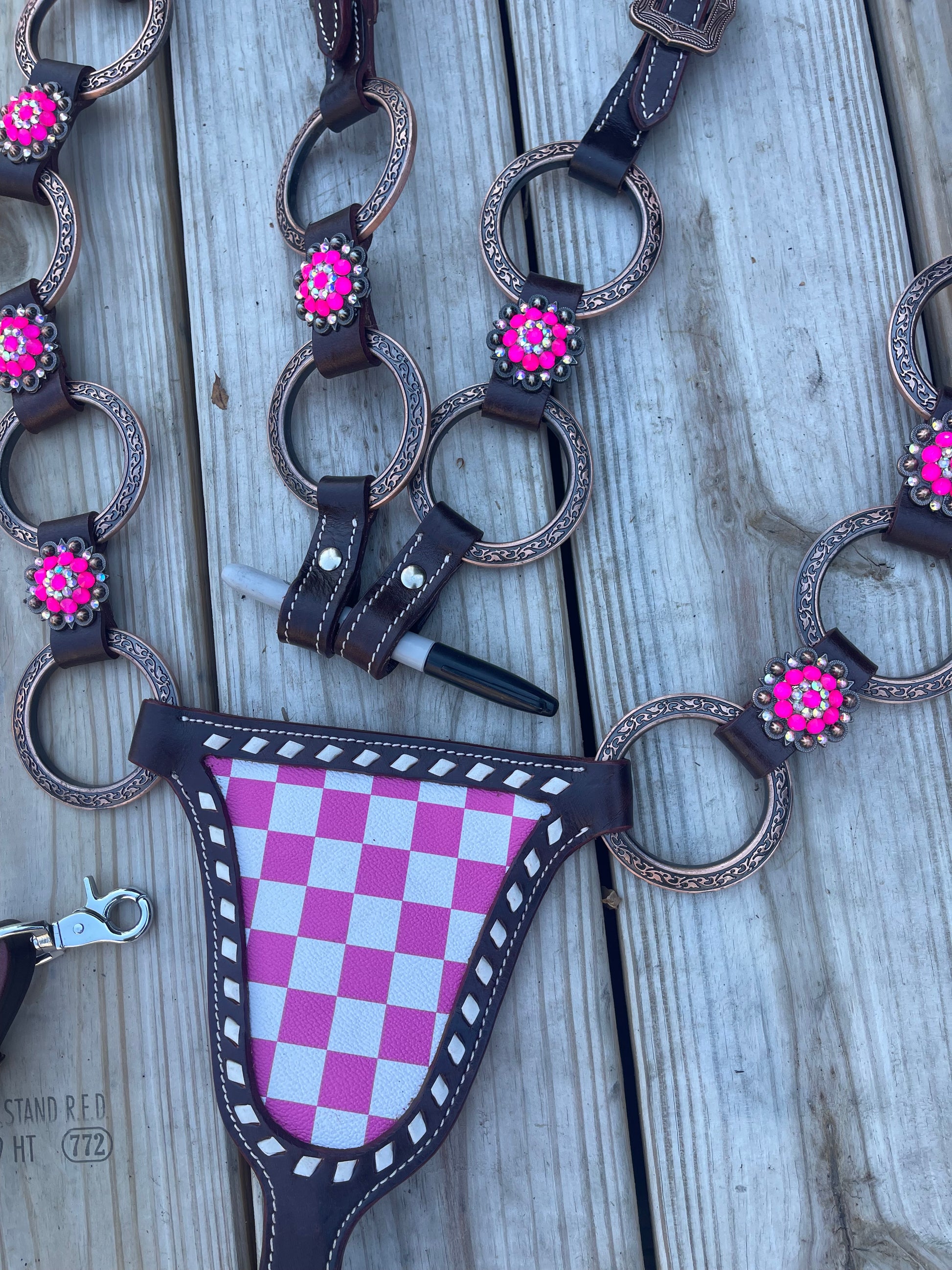 Made to order hot pink checkered gladiator western tack set with headstall and breastplate
