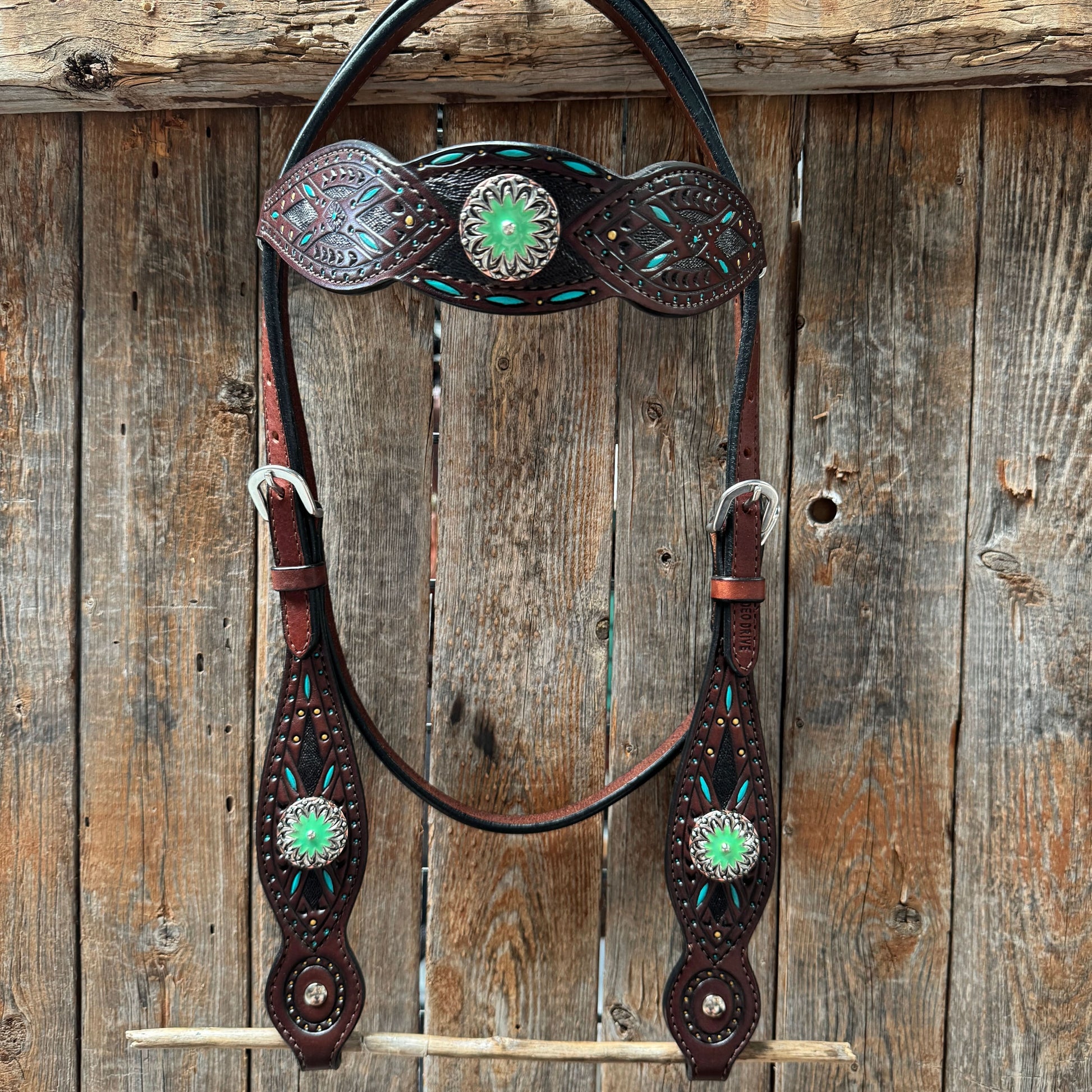 Dark Oil Hand Painted Antique Silver Turquoise Browband/One Ear and  Breastcollar Tack Set #BBBC555