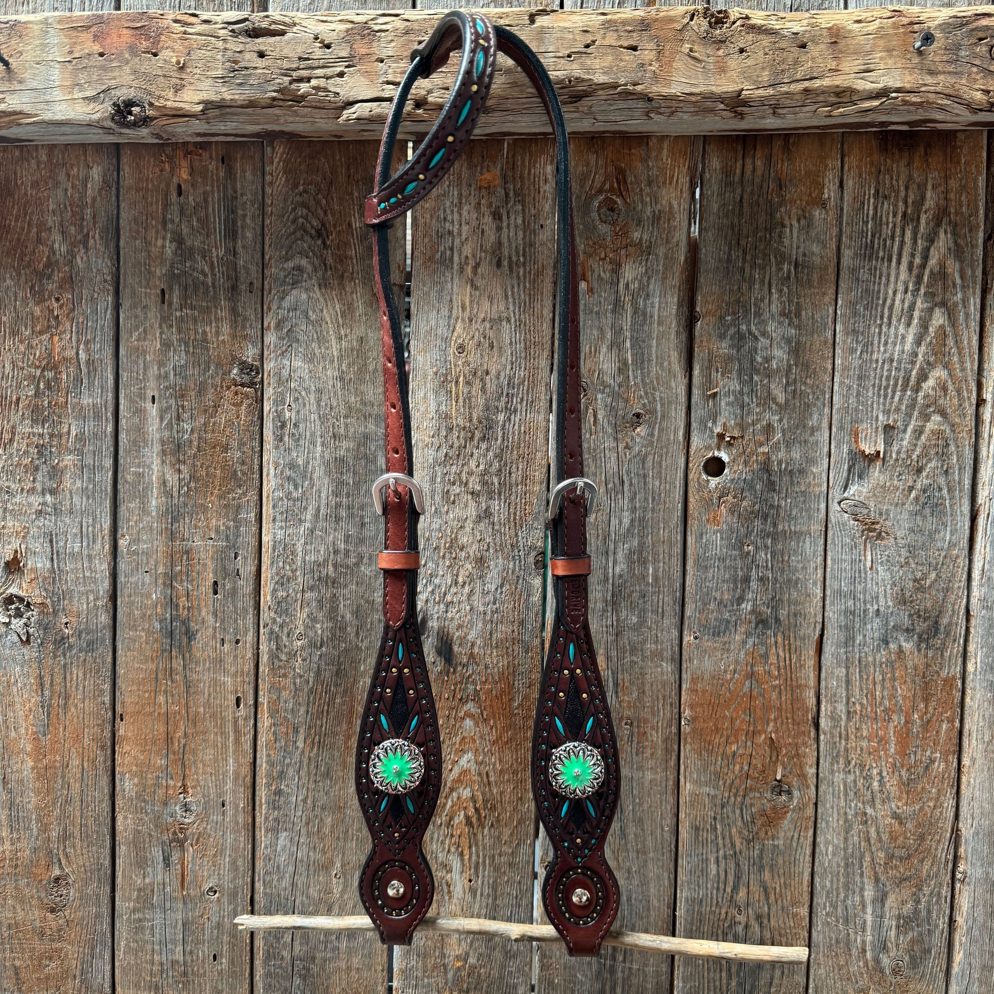 Dark Oil Hand Painted Antique Silver Turquoise Browband/One Ear and  Breastcollar Tack Set #BBBC555