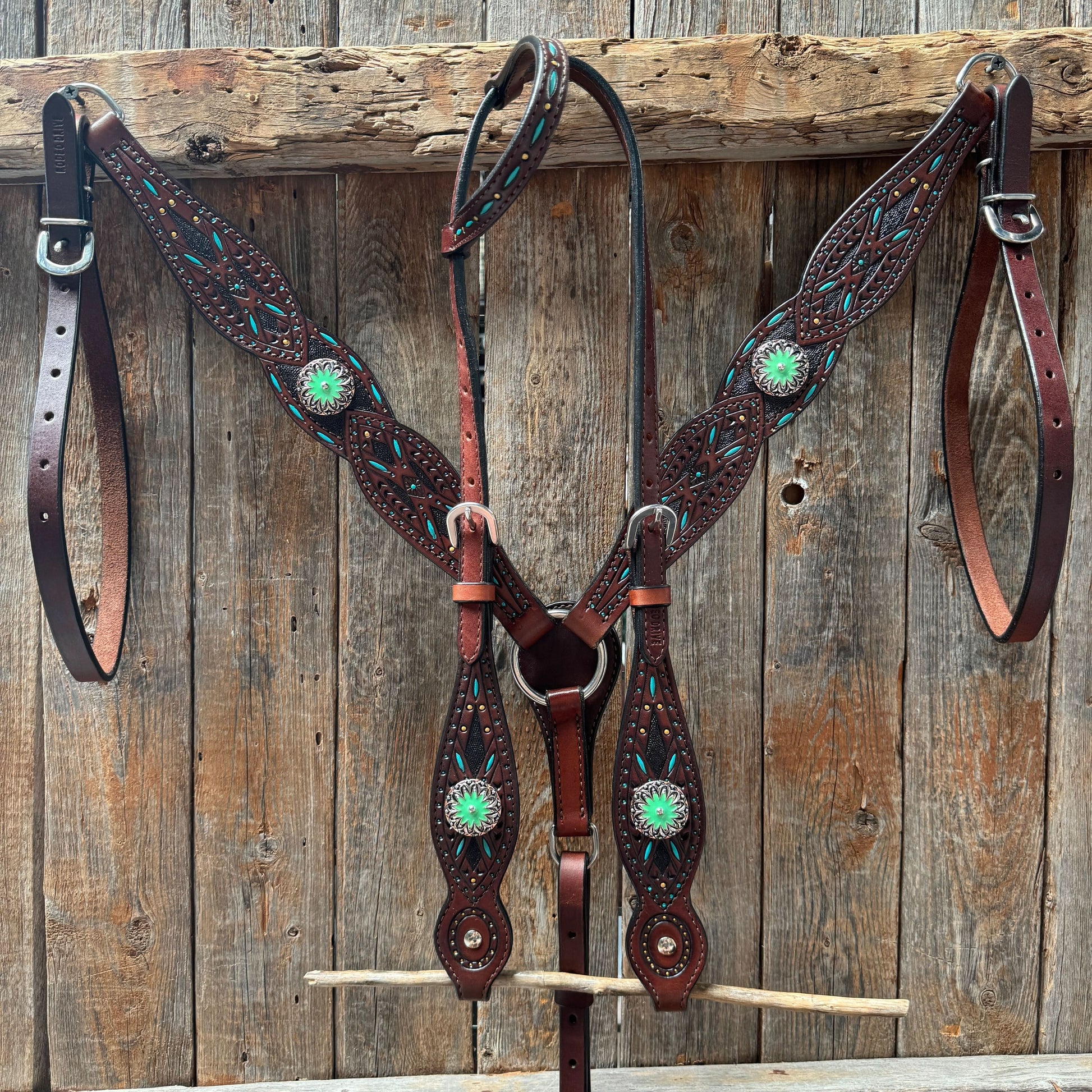 Dark Oil Hand Painted Antique Silver Turquoise Browband/One Ear and  Breastcollar Tack Set #BBBC555