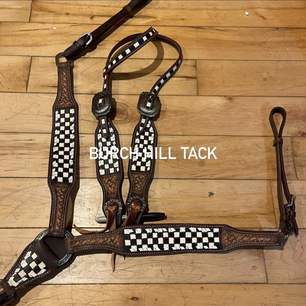 Made to Order Checker and tooled Western Tack Set headstall breastplate