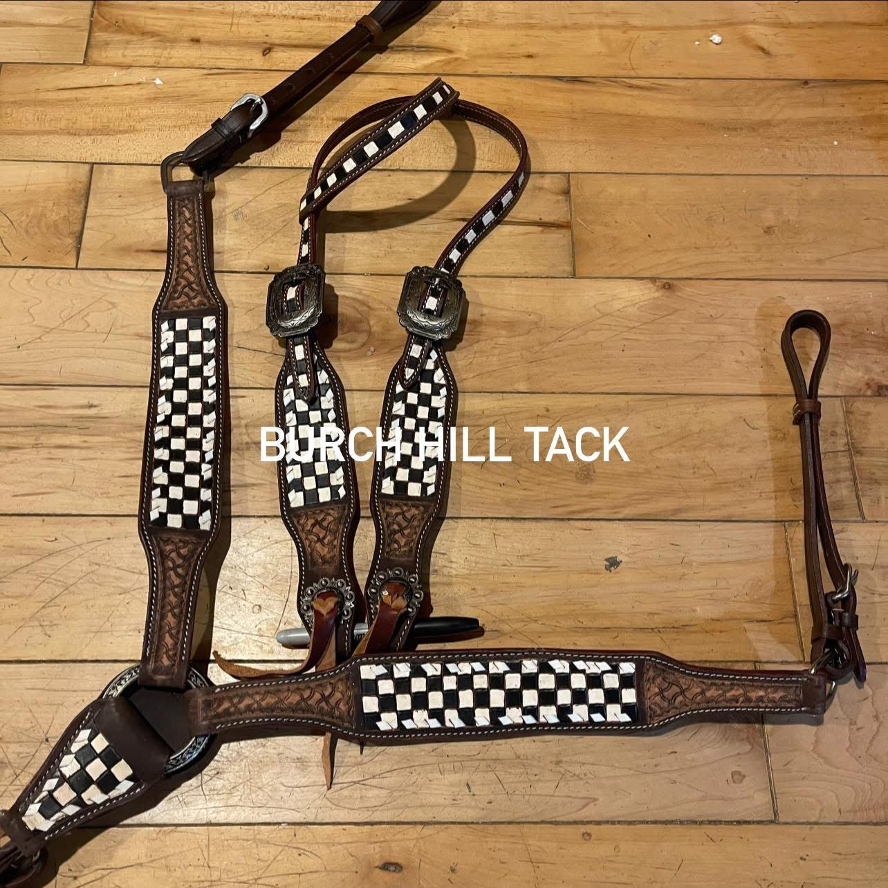 Made to Order Checker and tooled Western Tack Set headstall breastplate