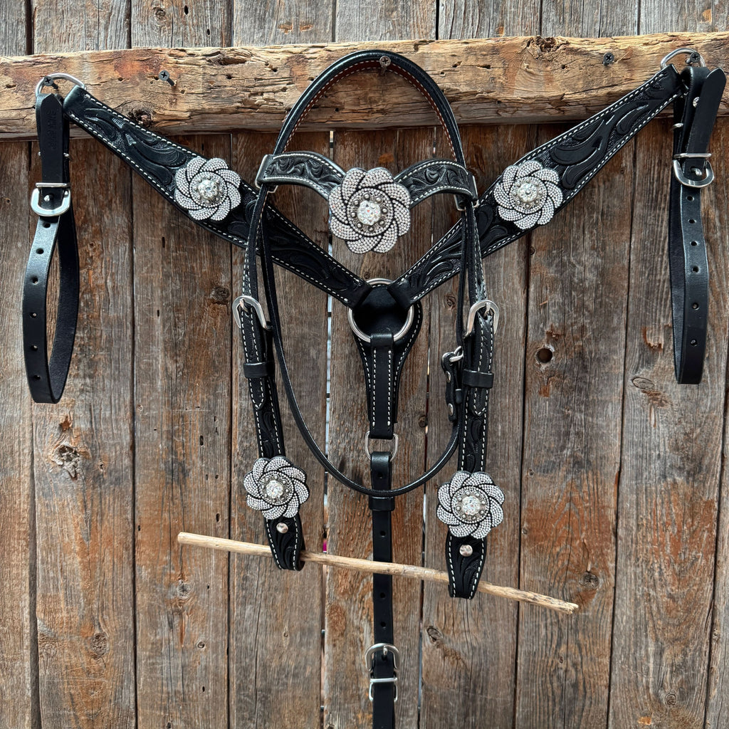 Pony Black Floral Clear Rhinestone V-Browband Tack Set #BBBC665P
