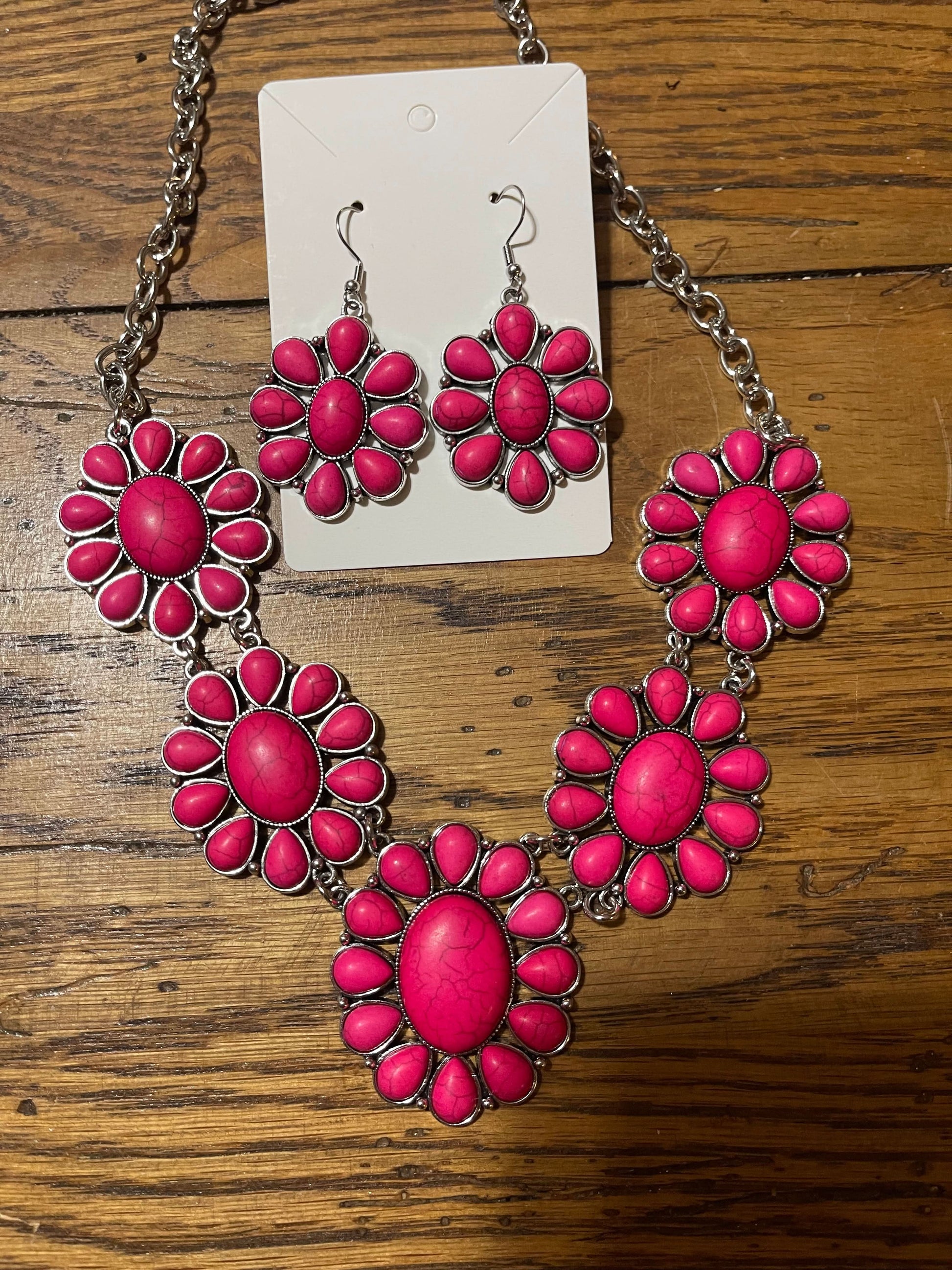 Women's Vintage Bohemian Style Stone Pendant Necklace & Earring- pink