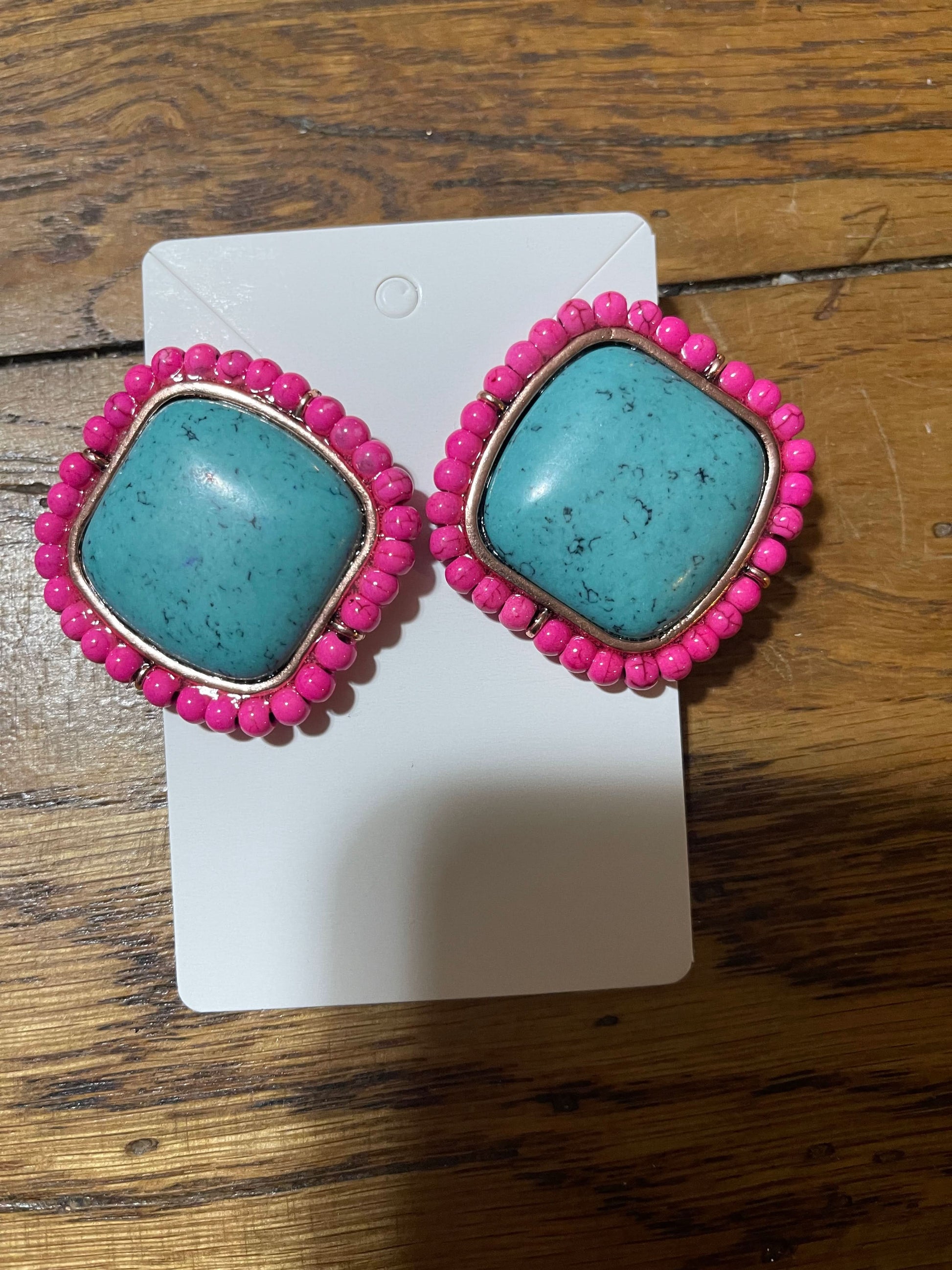 Pink and turquoise square earrings