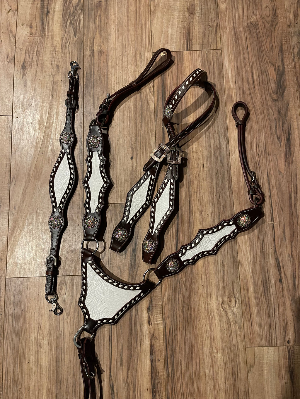 Made To Order White dark brown western tack set Headstall breast collar (BHT066)
