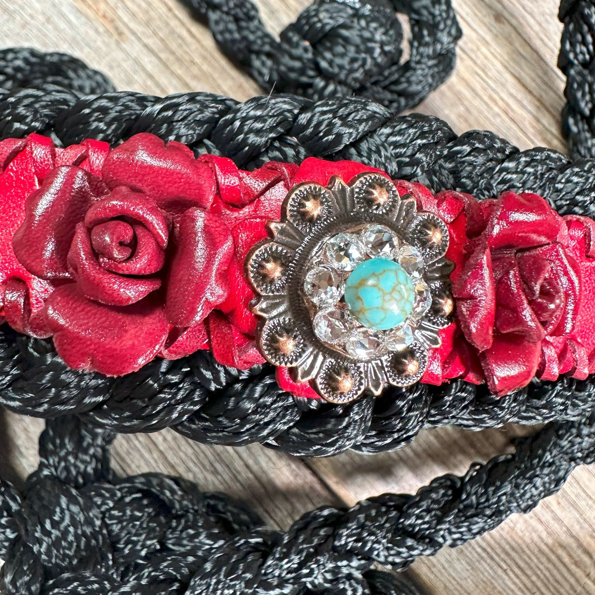 Black Mule Tape Halter - Red Rose and Turquoise #MT220