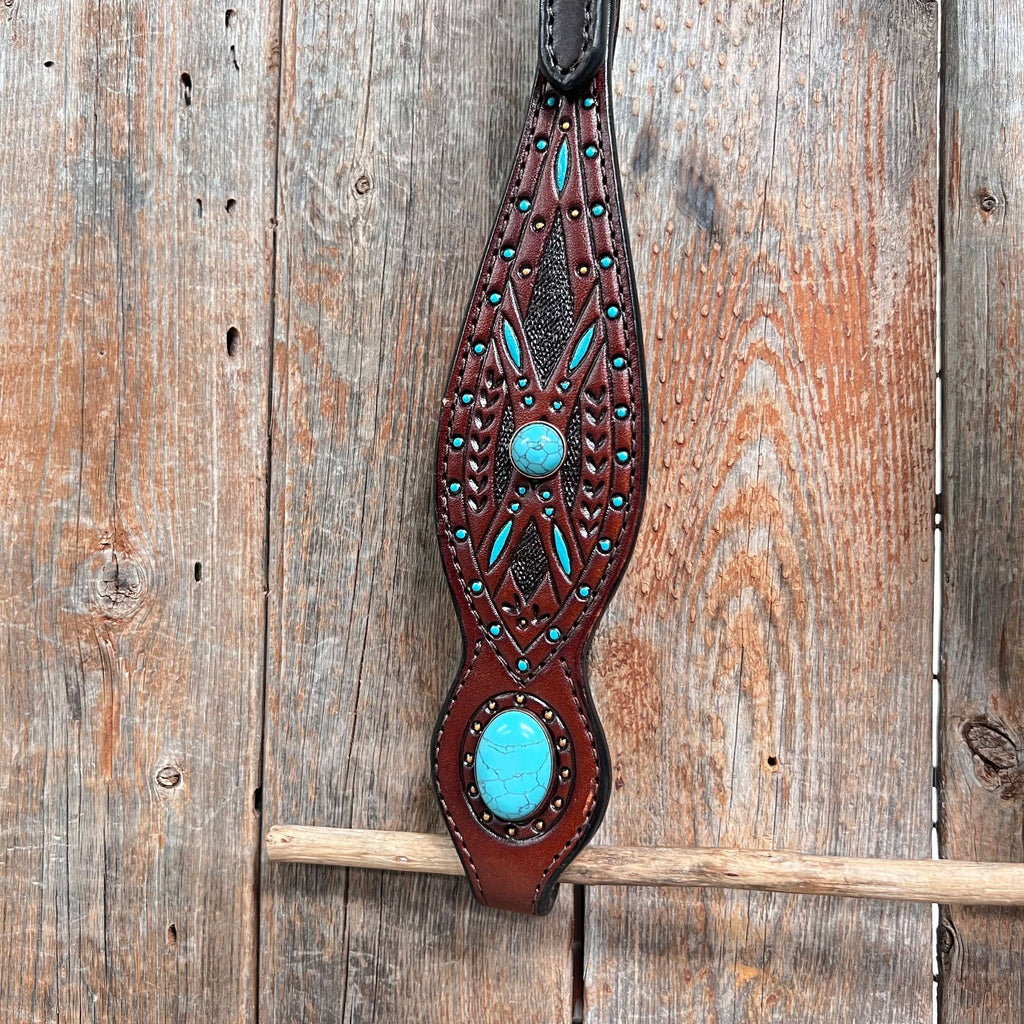 Dark Oil Hand Painted Turquoise Cabochons One Ear and Breastcollar Tack Set #OEBC584