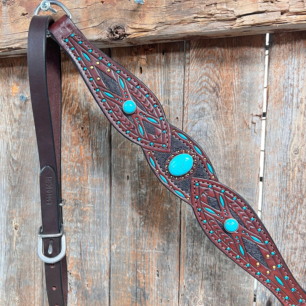 Dark Oil Hand Painted Turquoise Cabochons One Ear and Breastcollar Tack Set #OEBC584