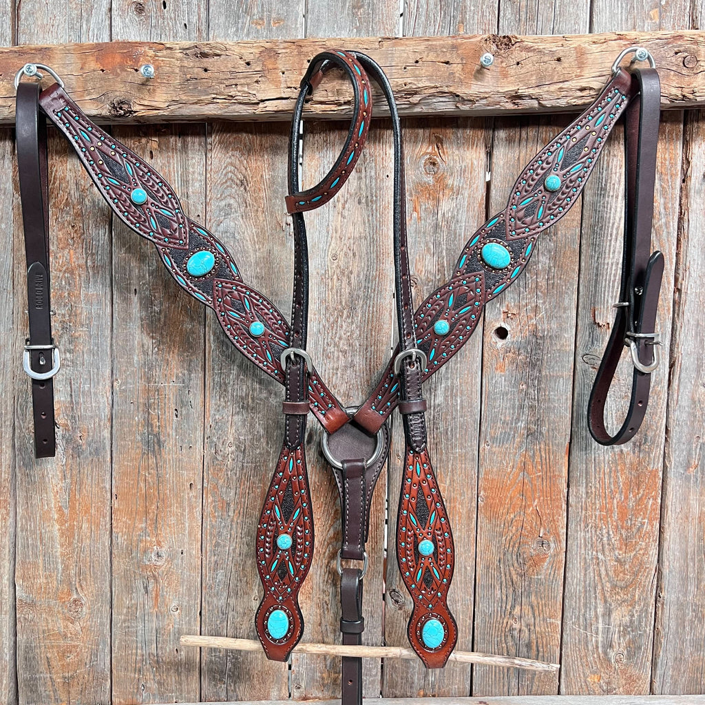 Dark Oil Hand Painted Turquoise Cabochons One Ear and Breastcollar Tack Set #OEBC584
