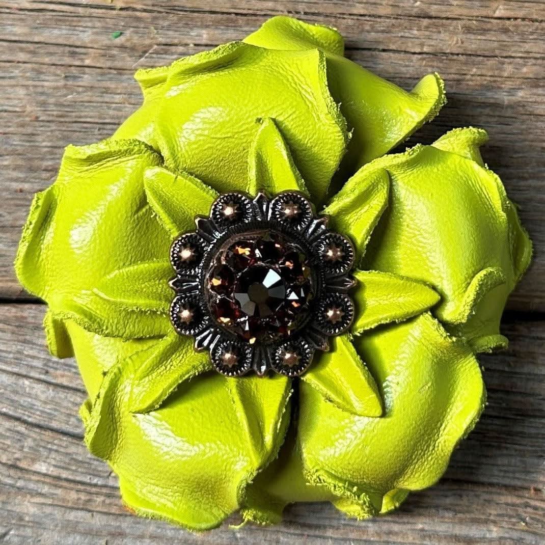 Neon Lime Gardenia Flower With Copper Jet & Topaz 1" Concho