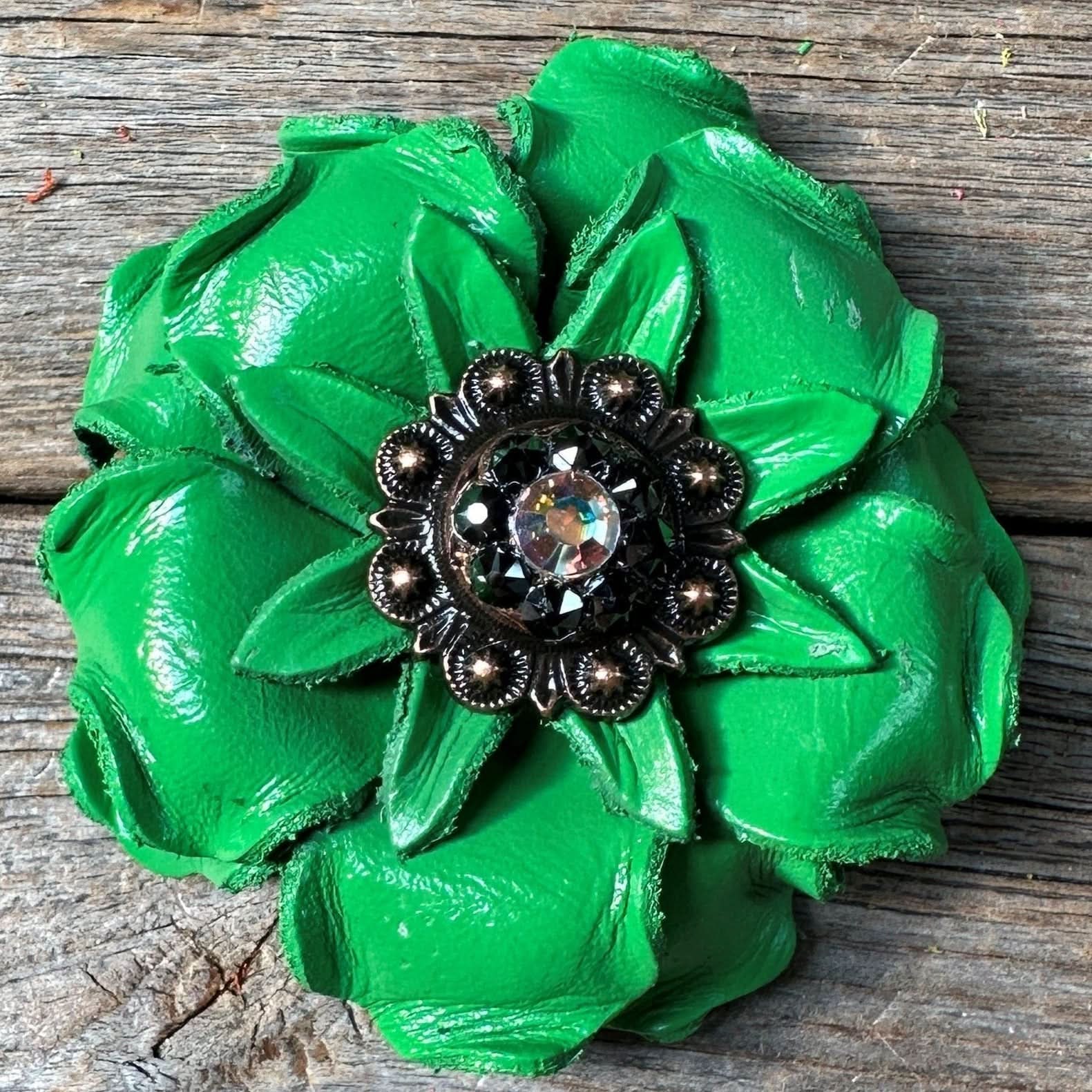 Neon Green Gardenia Flower With Copper AB & Jet 1" Concho
