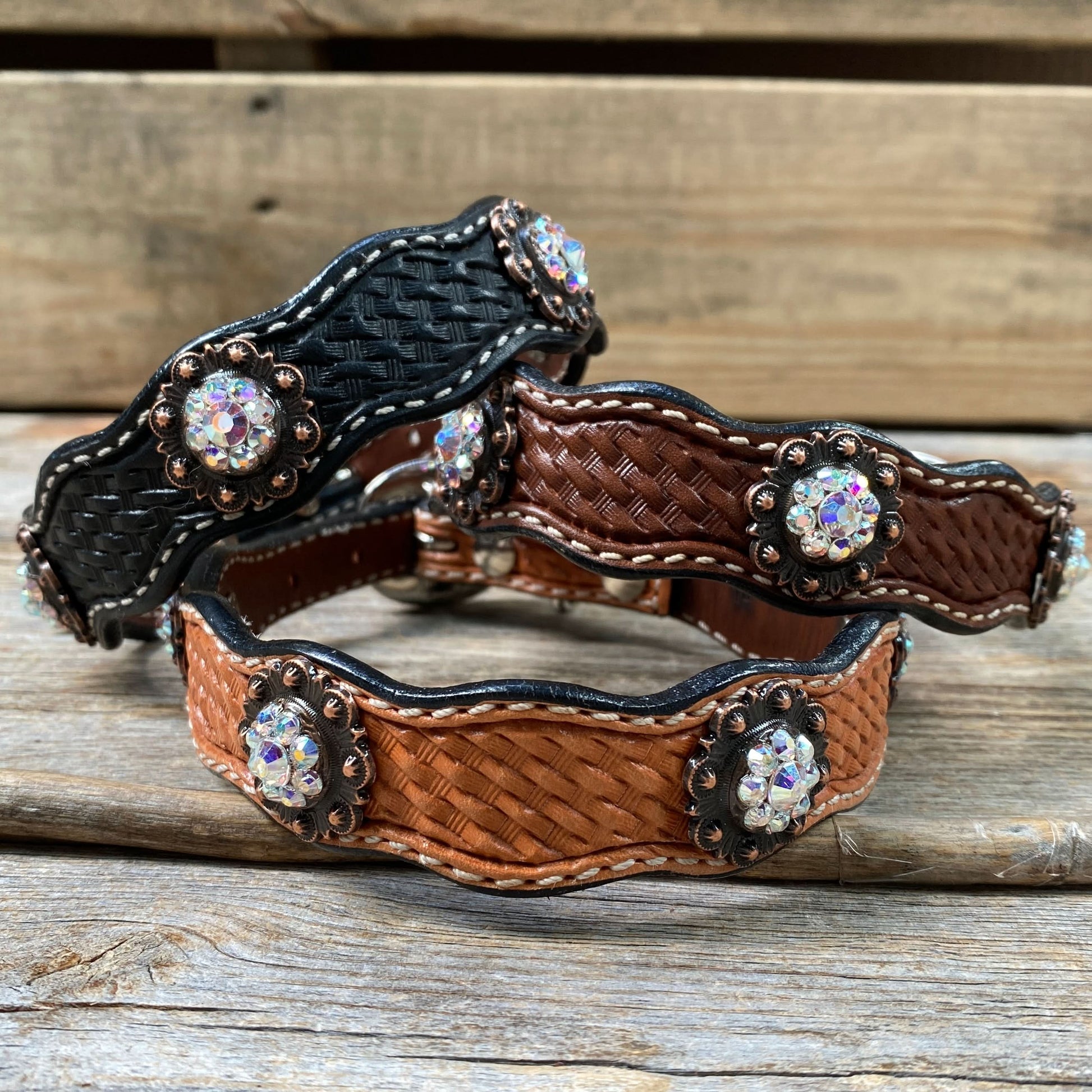 Leather Dog Collar With Copper AB Conchos 10" to 22" -DC33
