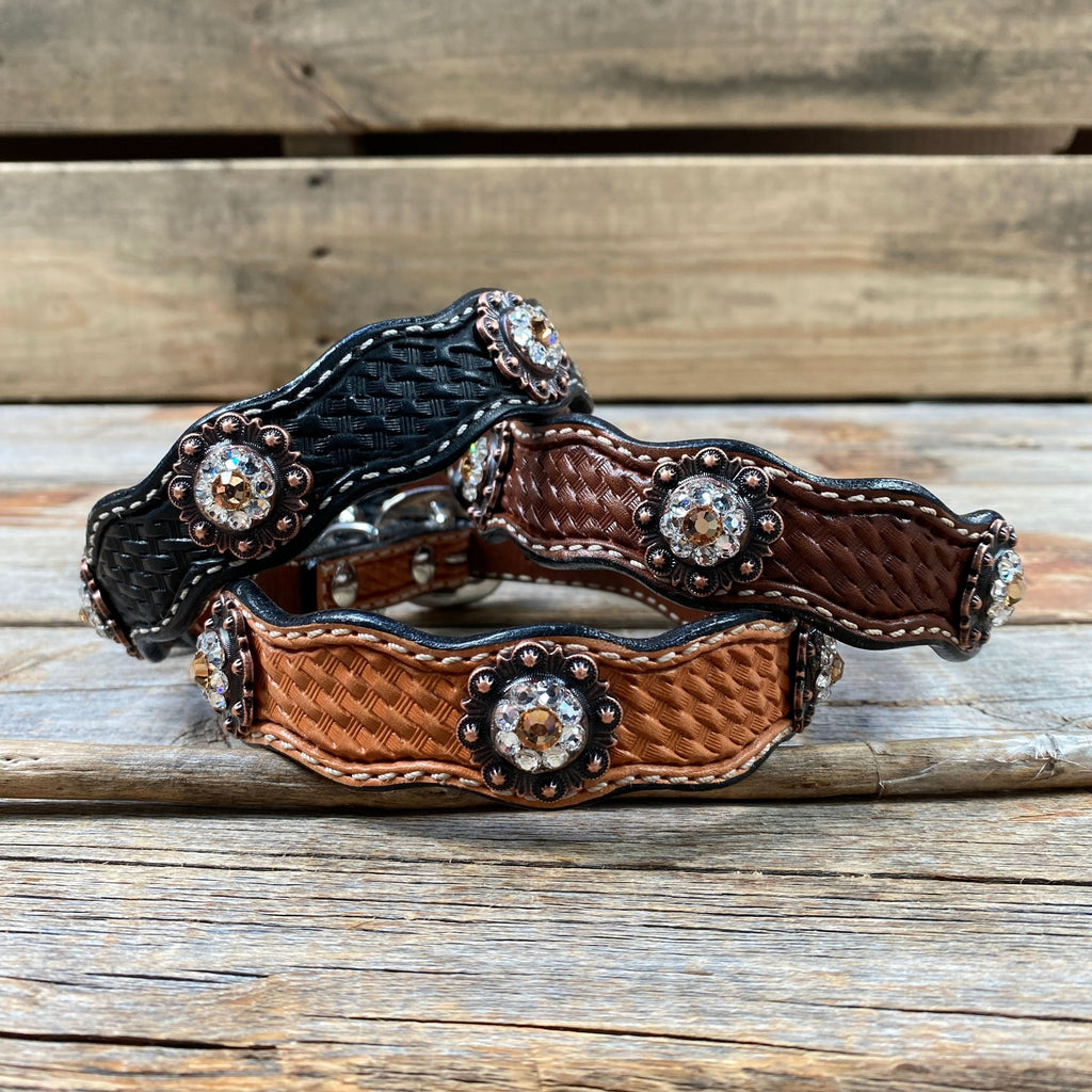 Leather Dog Collar With Copper Champagne and Clear Conchos 10" to 22" -DC34