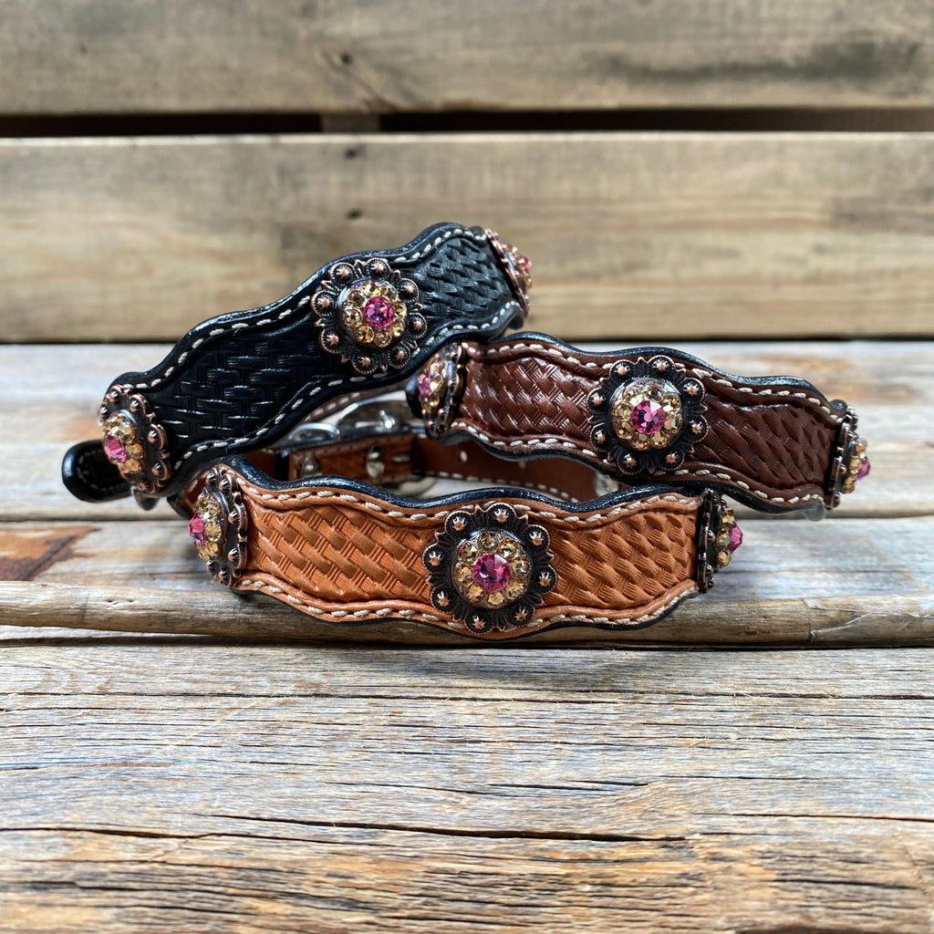 Leather Dog Collar With Copper Pink and Champagne Conchos 10" to 22" -DC36