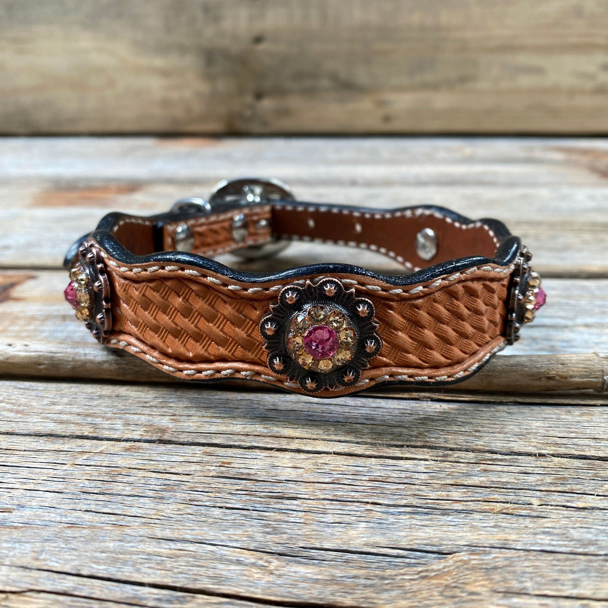 Leather Dog Collar With Copper Pink and Champagne Conchos 10" to 22" -DC36