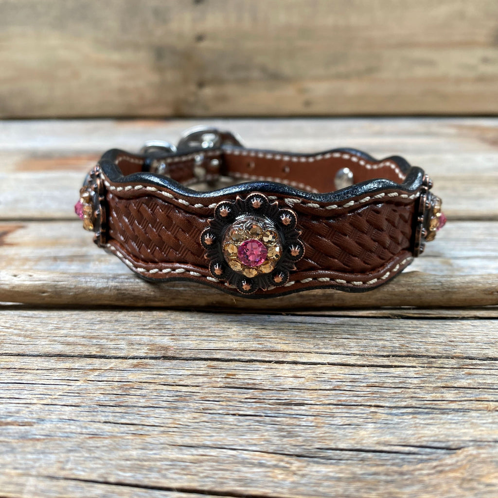 Leather Dog Collar With Copper Pink and Champagne Conchos 10" to 22" -DC36