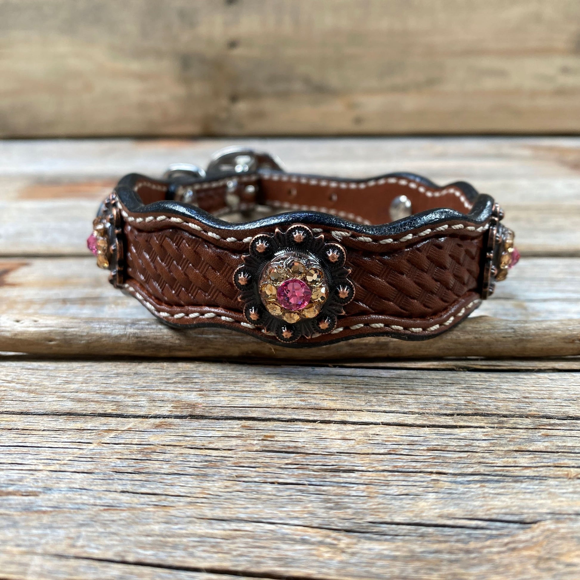 Leather Dog Collar With Copper Pink and Champagne Conchos 10" to 22" -DC36