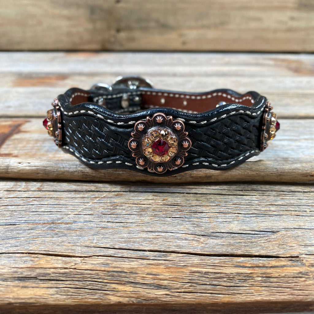 Leather Dog Collar With Copper Ruby and Champagne Conchos 10" to 22" -DC38