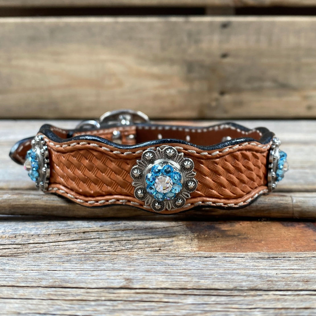 Leather Dog Collar With Antique Silver Aqua and Clear Conchos 10" to 22" -DC39