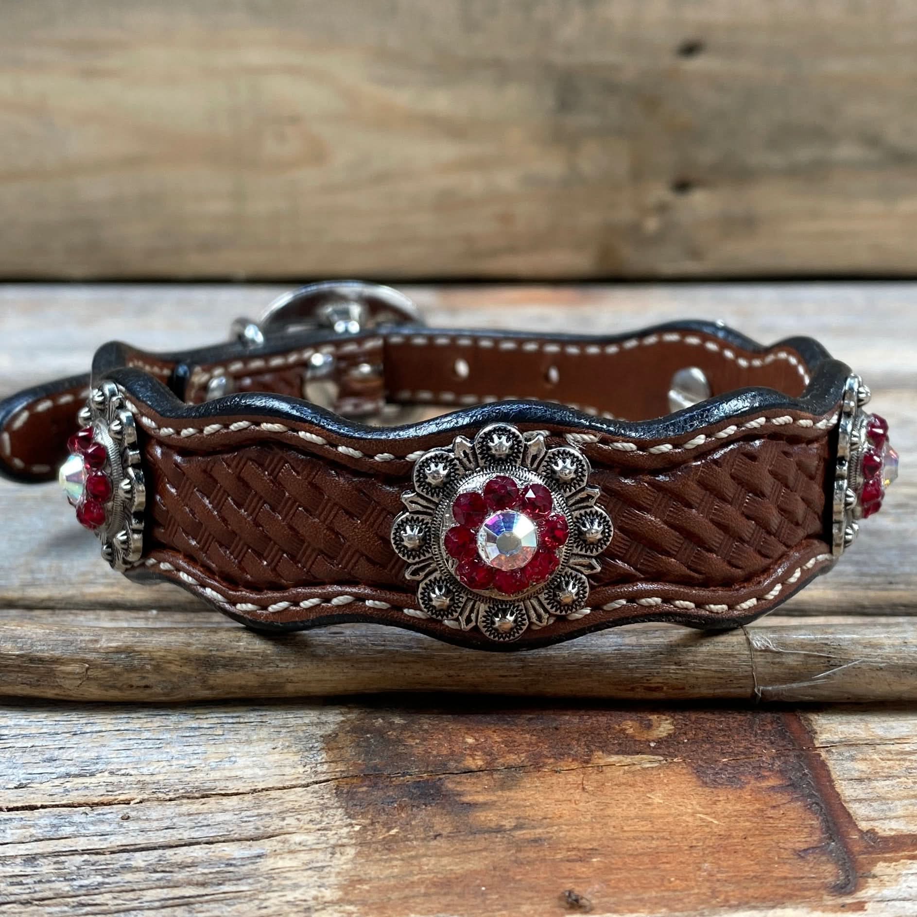 Leather Dog Collar With Antique Silver Ruby and AB Conchos 10" to 22" -DC41
