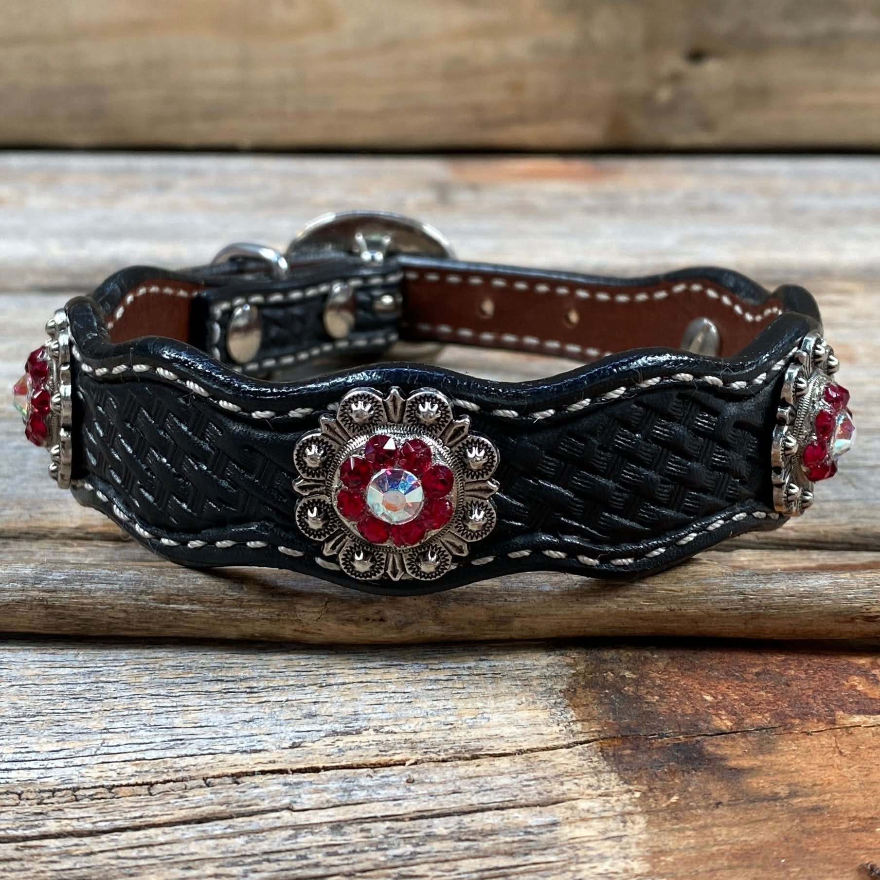 Leather Dog Collar With Antique Silver Ruby and AB Conchos 10" to 22" -DC41