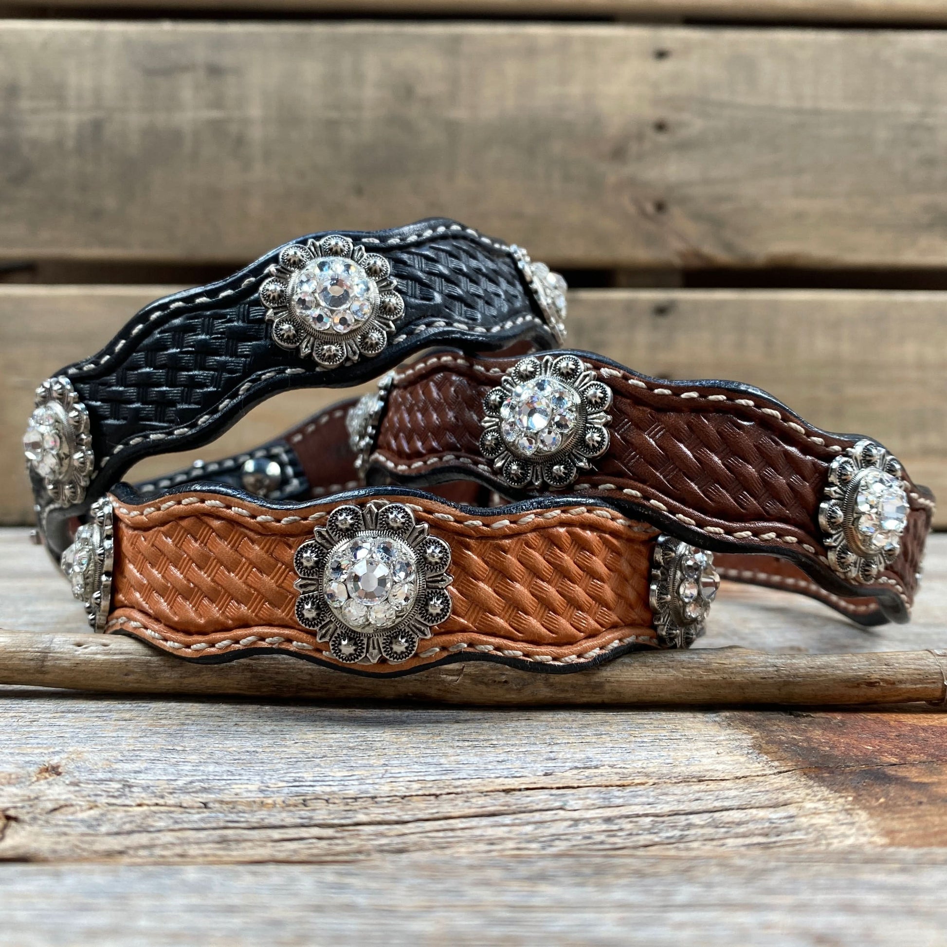 Leather Dog Collar With Antique Silver Clear Conchos 10" to 22" -DC44