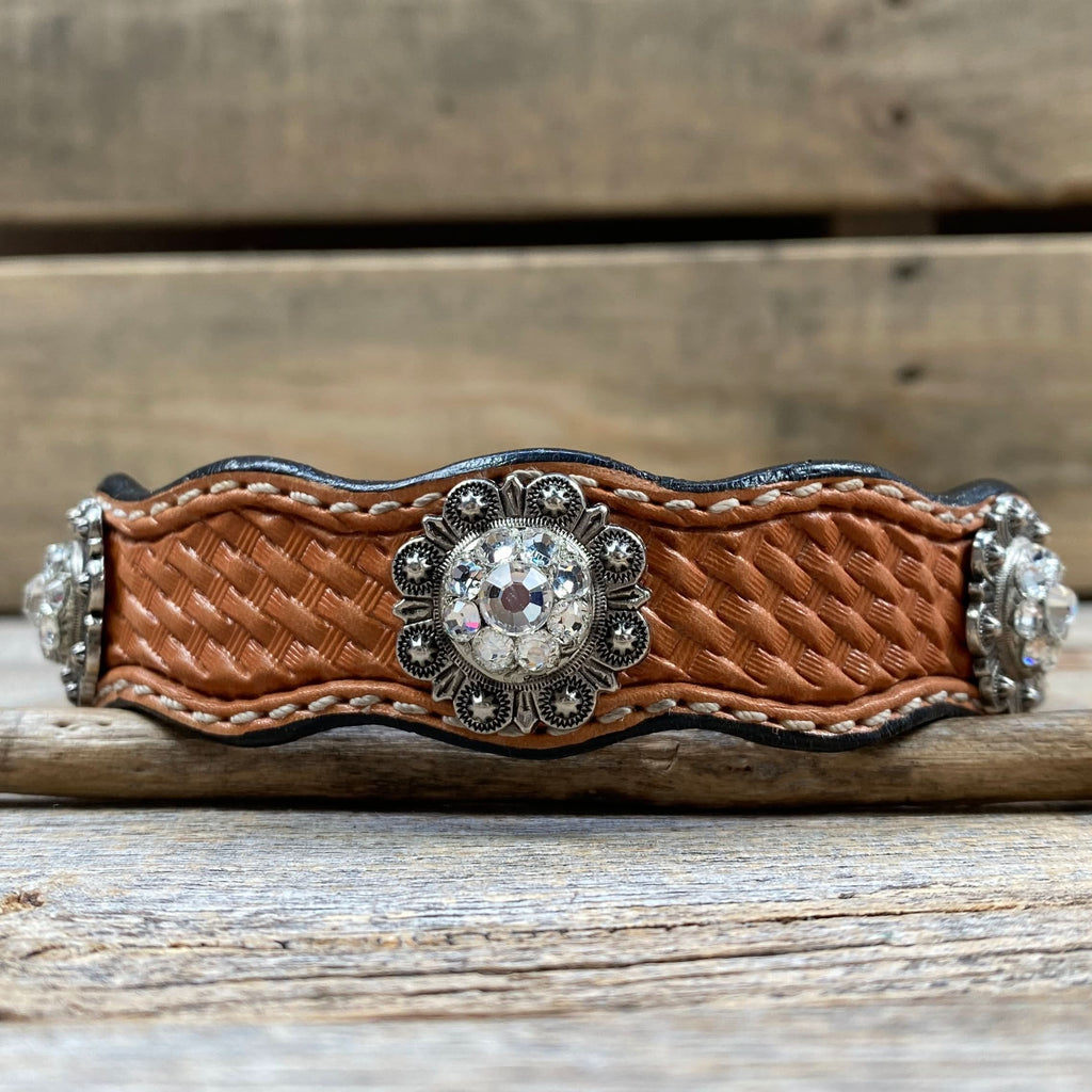 Leather Dog Collar With Antique Silver Clear Conchos 10" to 22" -DC44