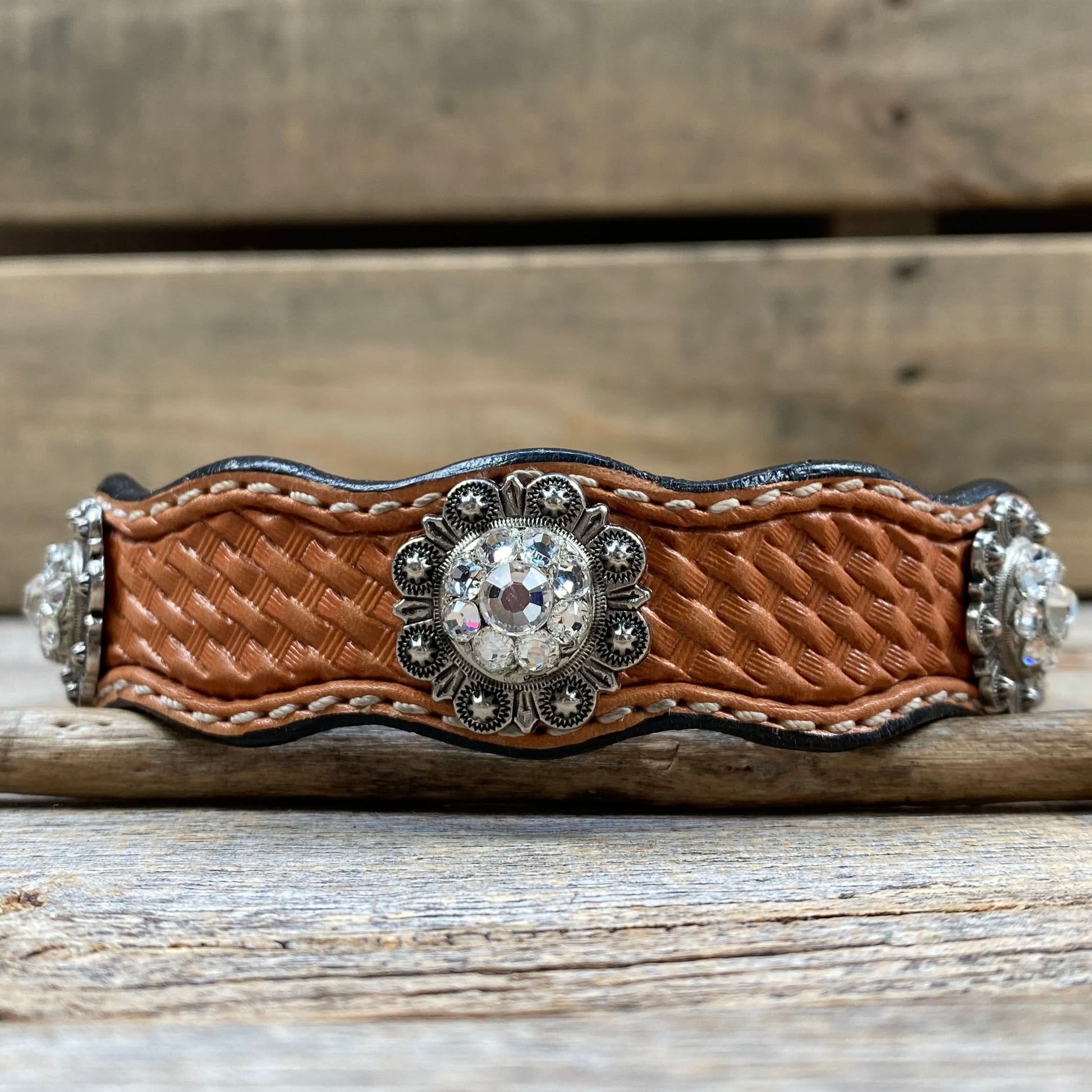 Leather Dog Collar With Antique Silver Clear Conchos 10" to 22" -DC44