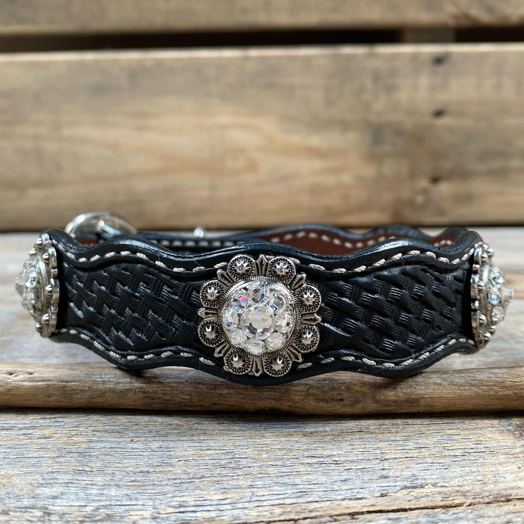 Leather Dog Collar With Antique Silver Clear Conchos 10" to 22" -DC44