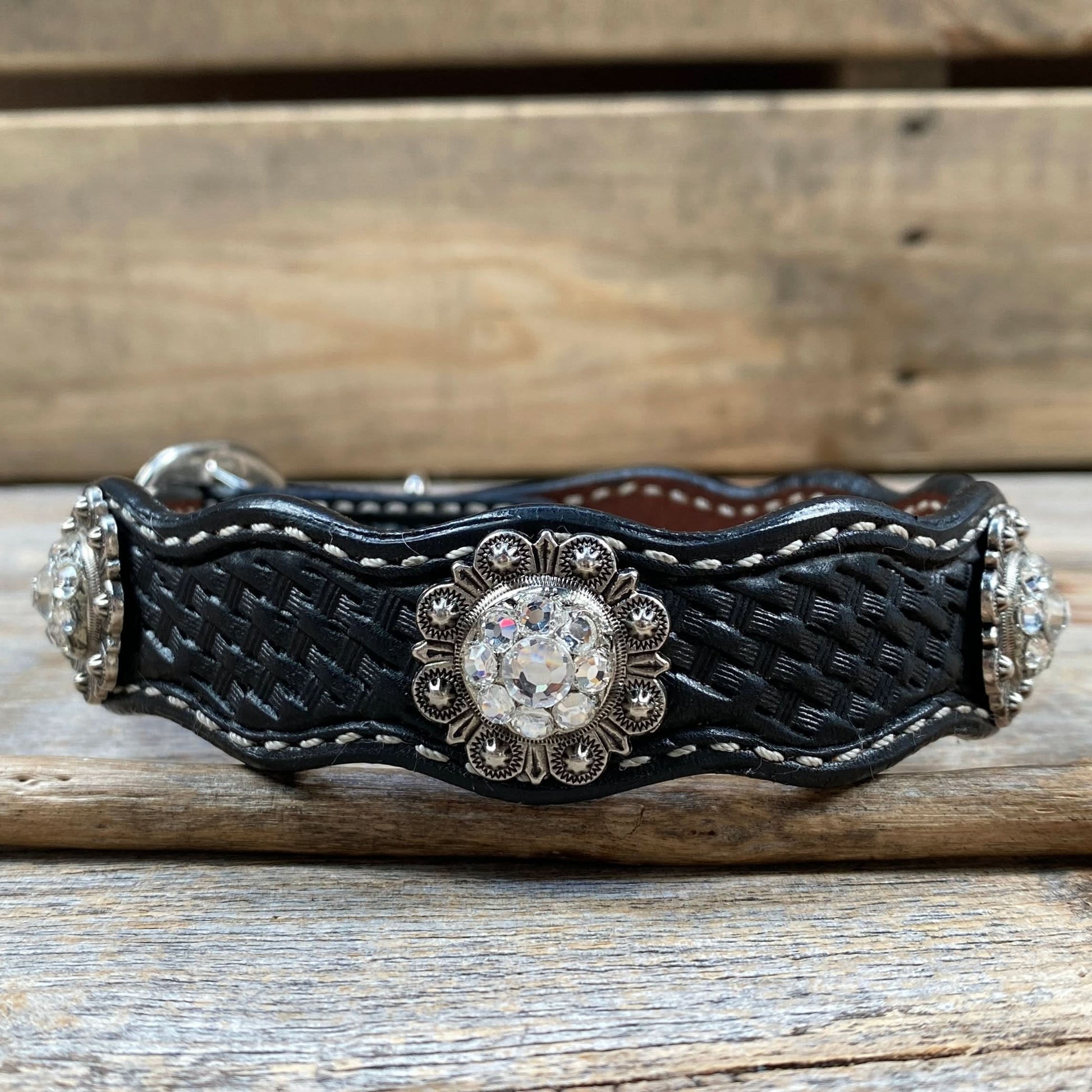 Leather Dog Collar With Antique Silver Clear Conchos 10" to 22" -DC44