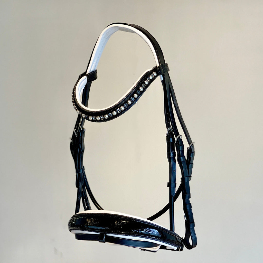 The Harlow Black Patent Snaffle Bridle with Removable Flash