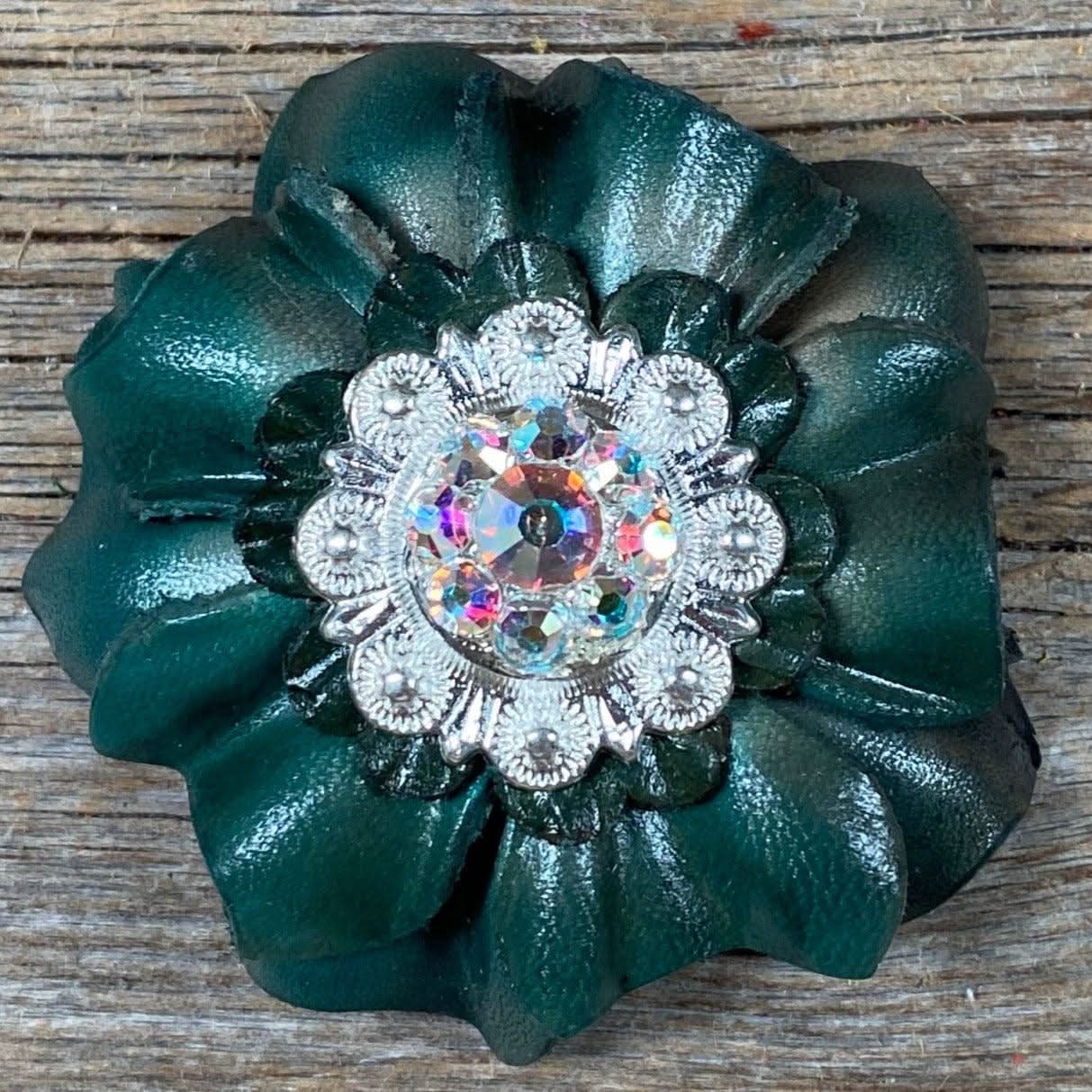 Green Carnation Flower With Bright Silver AB 1" Concho