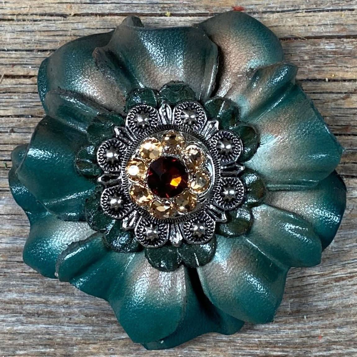 Green Carnations Leather Flowers - 1" Crystal Conchos - Options