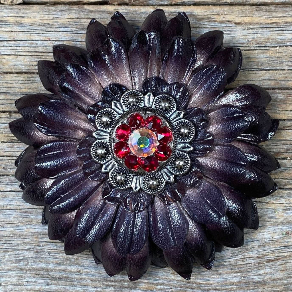 Black Daisy Leather Flowers - 1" Crystal Conchos - Options