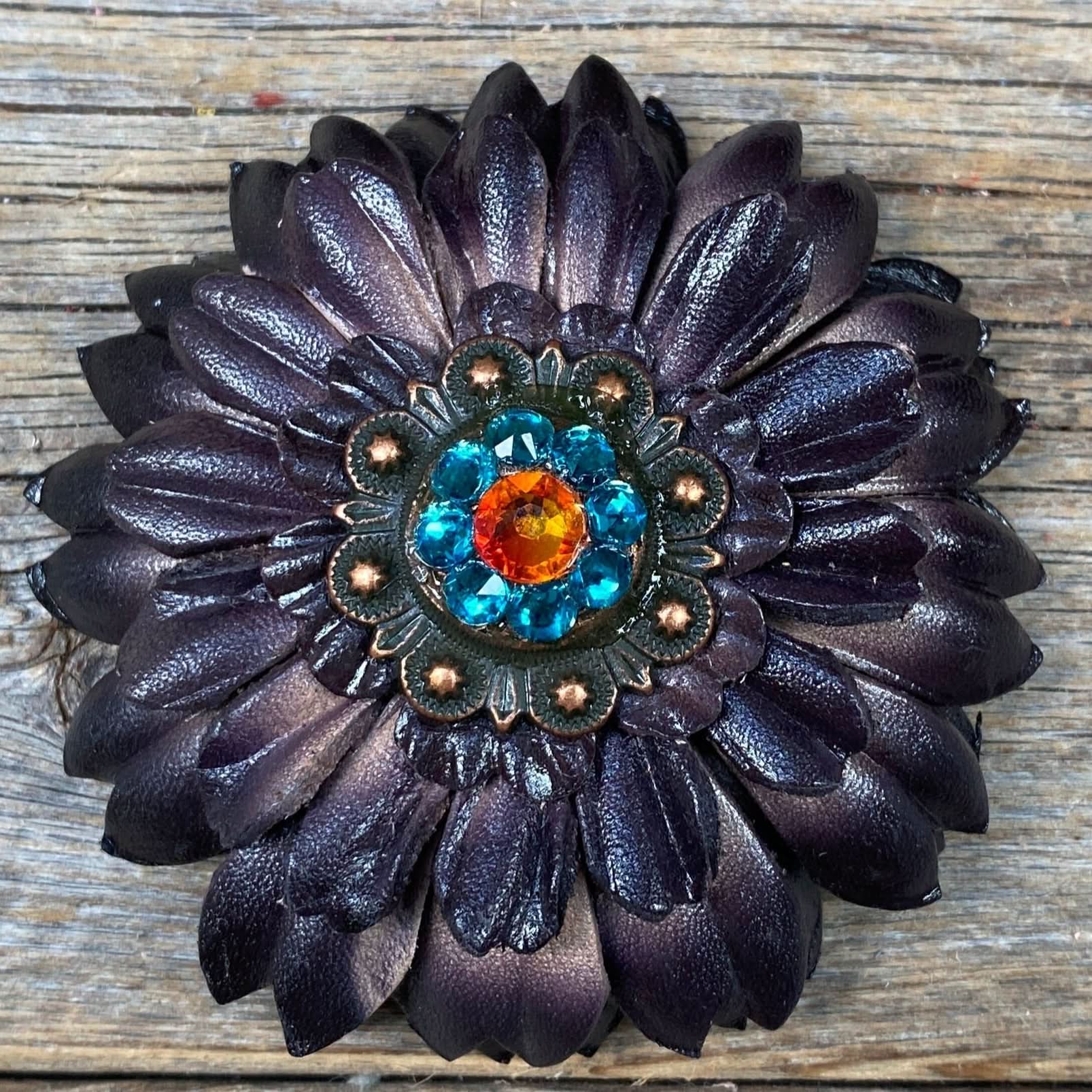 Black Daisy Leather Flowers - 1" Crystal Conchos - Options