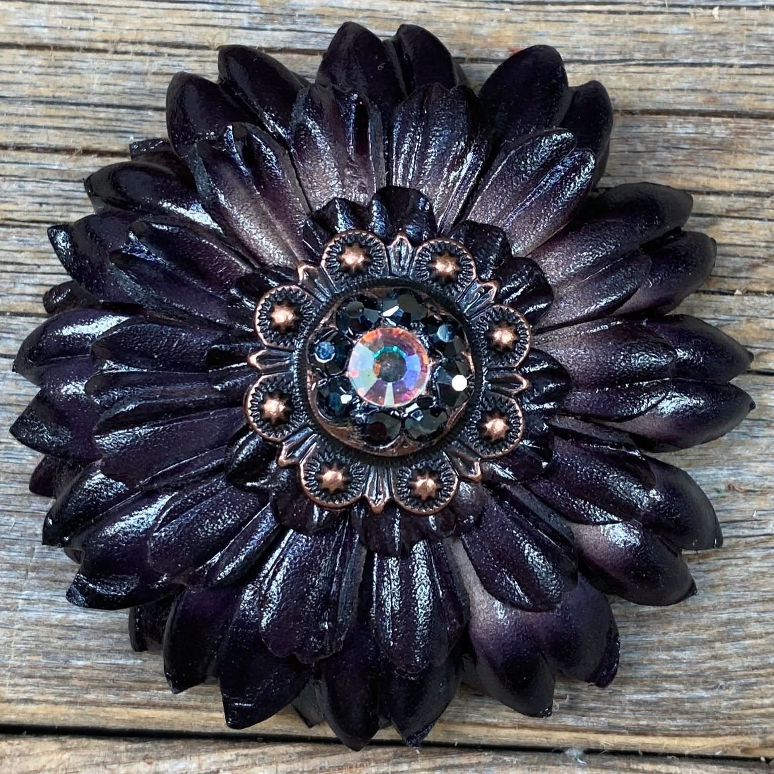 Black Daisy Leather Flowers - 1" Crystal Conchos - Options