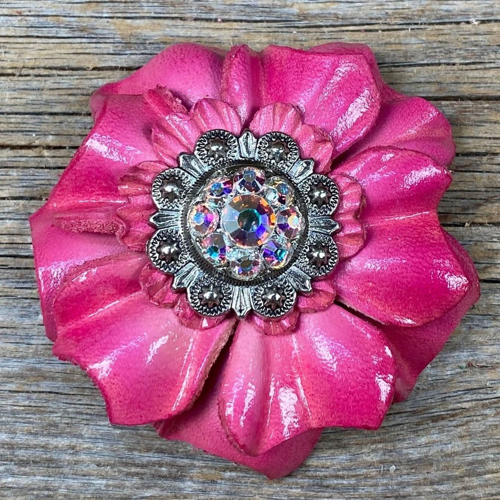 Pink Carnations Leather Flowers - 1" Crystal Conchos - Options