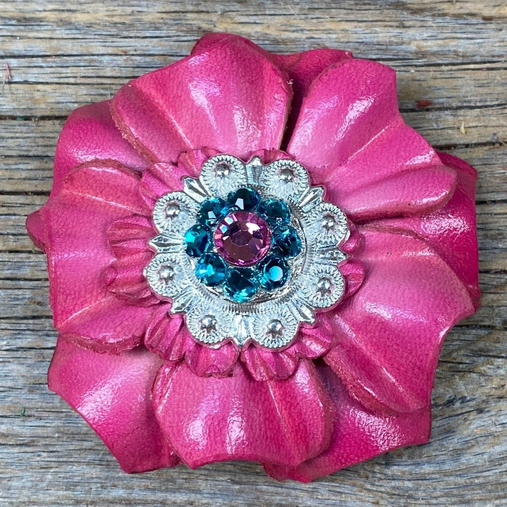 Pink Carnations Leather Flowers - 1" Crystal Conchos - Options