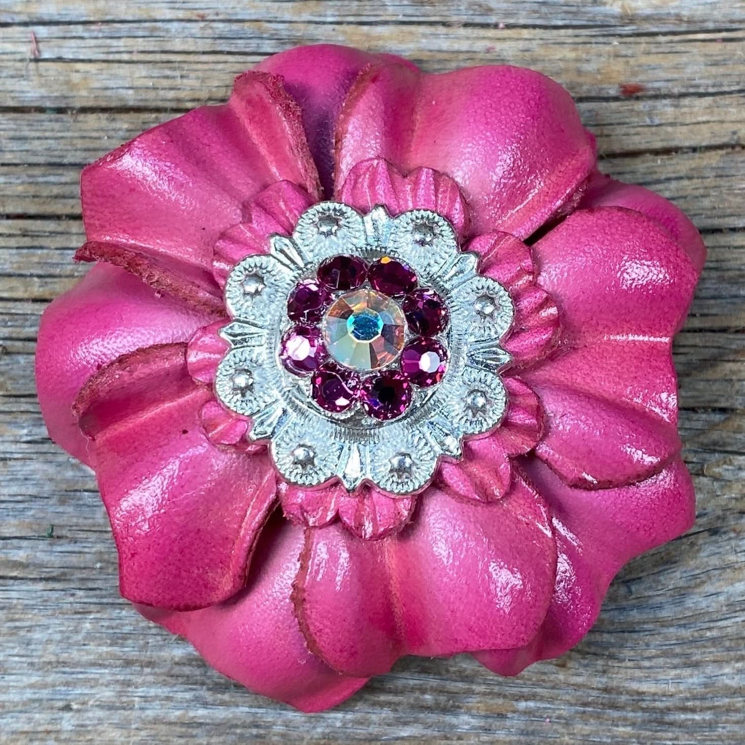 Pink Carnations Leather Flowers - 1" Crystal Conchos - Options