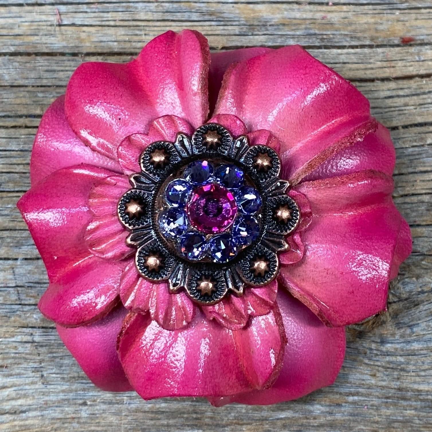 Pink Carnations Leather Flowers - 1" Crystal Conchos - Options