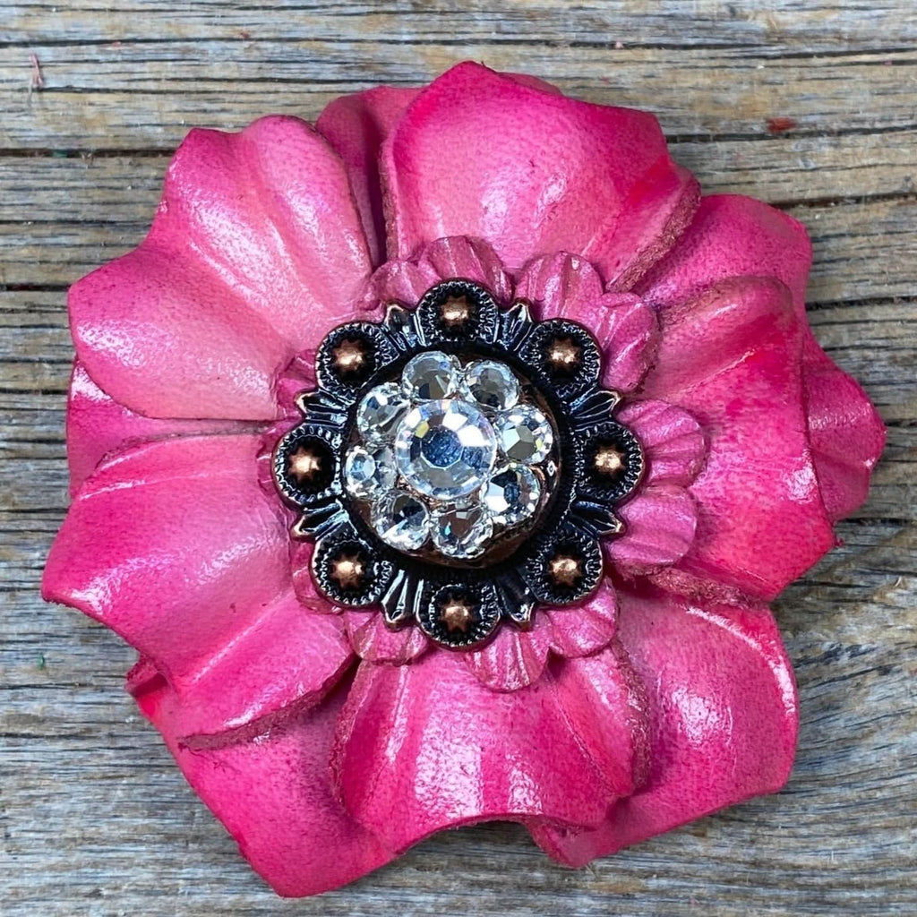 Pink Carnations Leather Flowers - 1" Crystal Conchos - Options